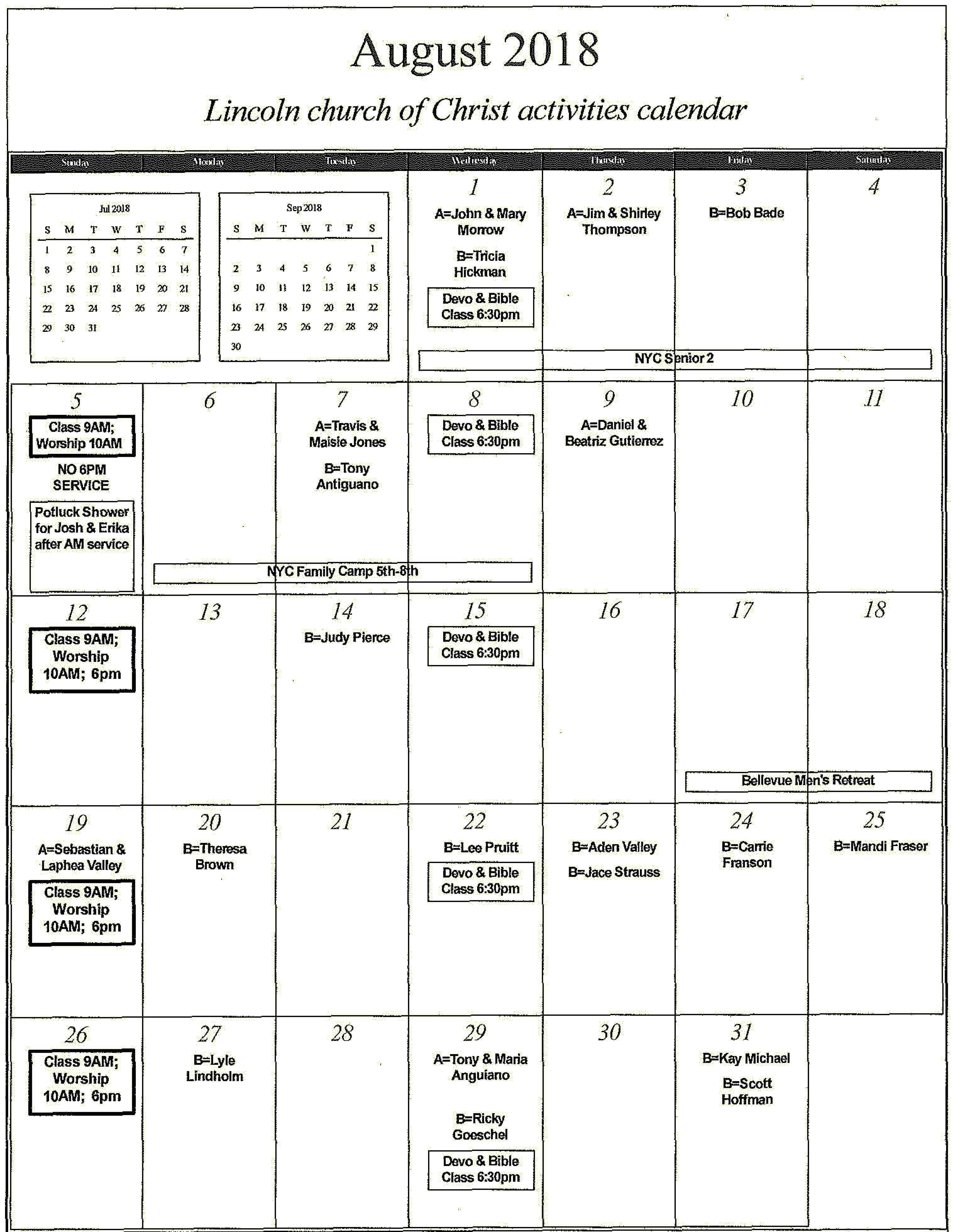 Calendar Lincoln church of Christ